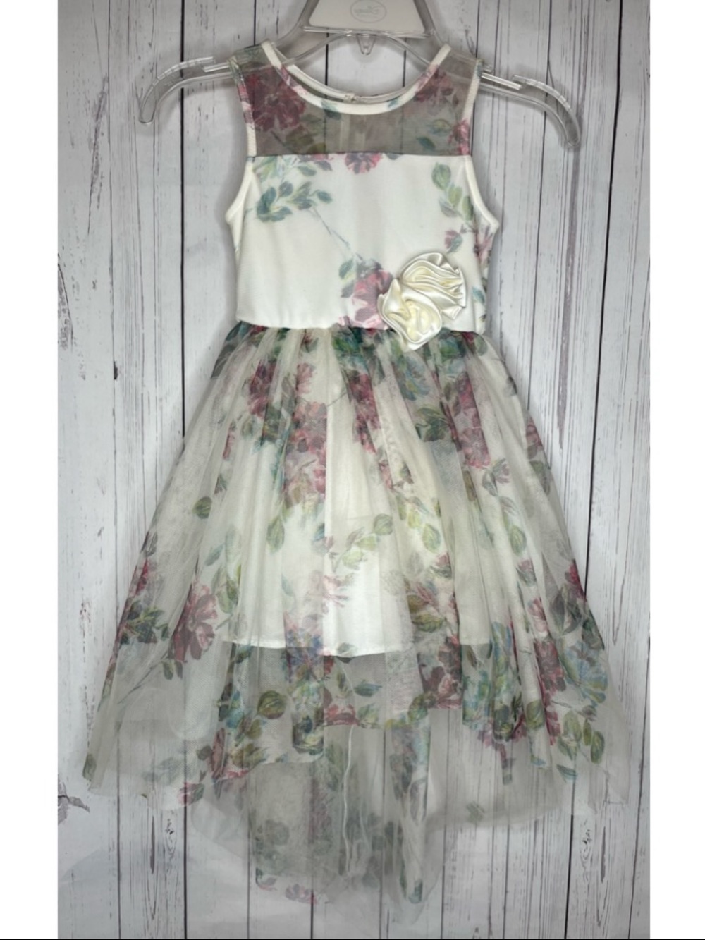 lilt Girls Size 4 Floral Tulle High-Low Party Dress with Satin Rosette